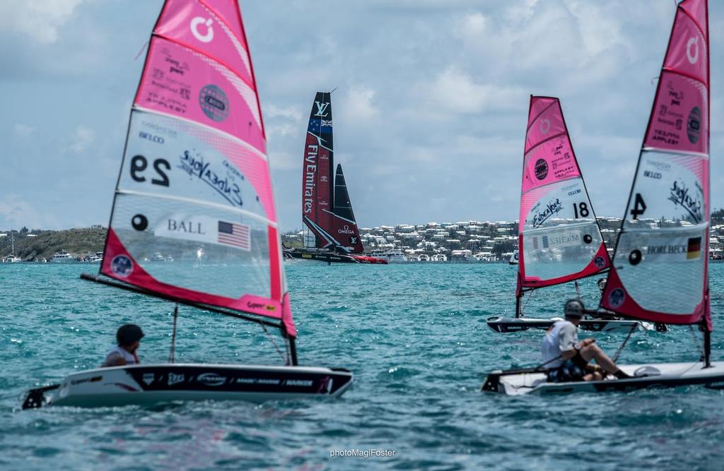 O'pen BICs at the finish of AC Race One - America's Cup Endeavour O'pen © Nevin Sayre